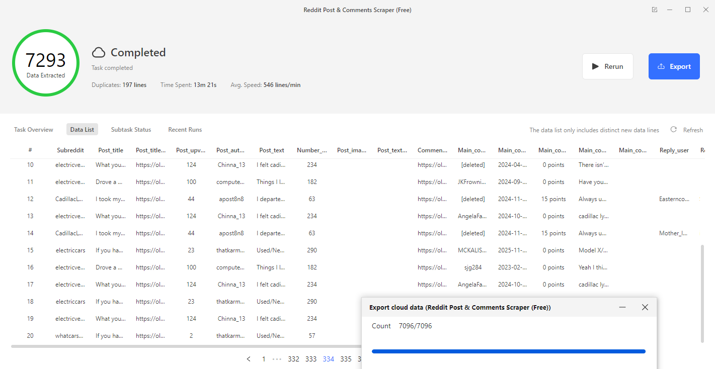 scraping reddit comments about lyriq range discussion via Octoparse web scraper