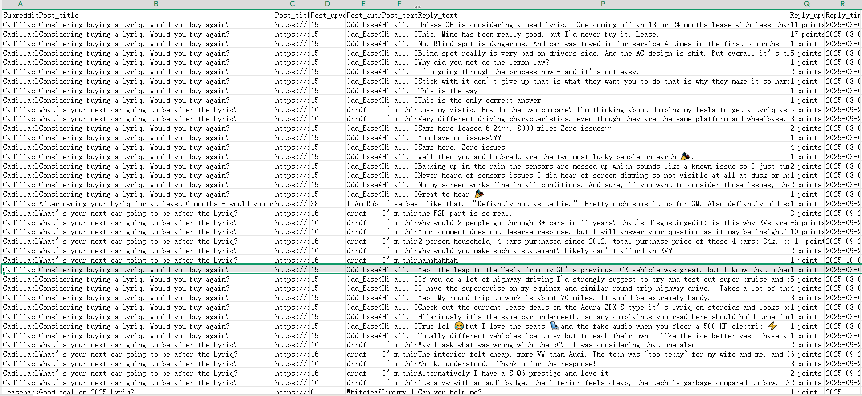 reddit discussion of Lyriq range and driving experience in spreadsheet
