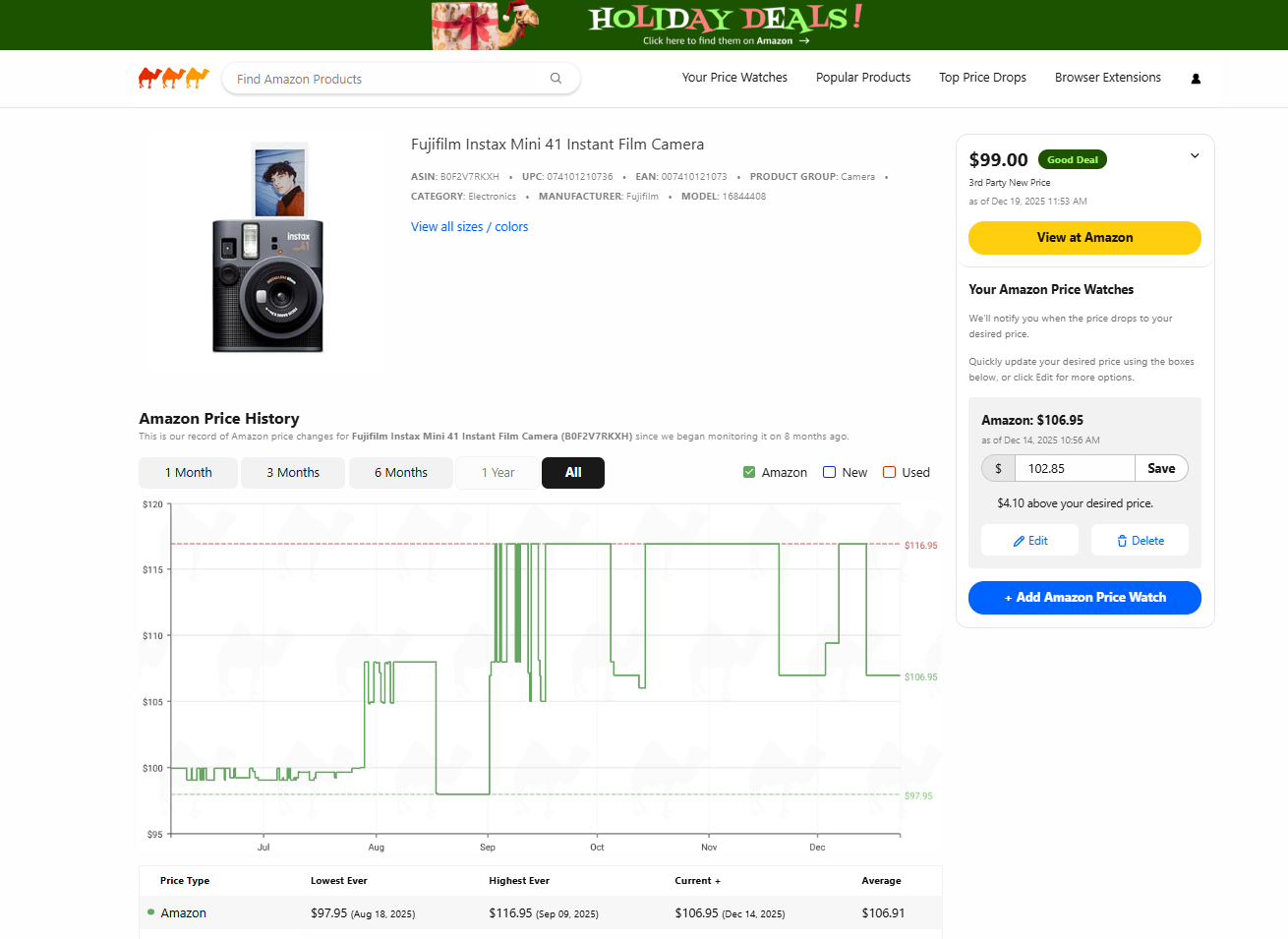 amazon price history tracking with Camelcamelcamel walkthrough: interface