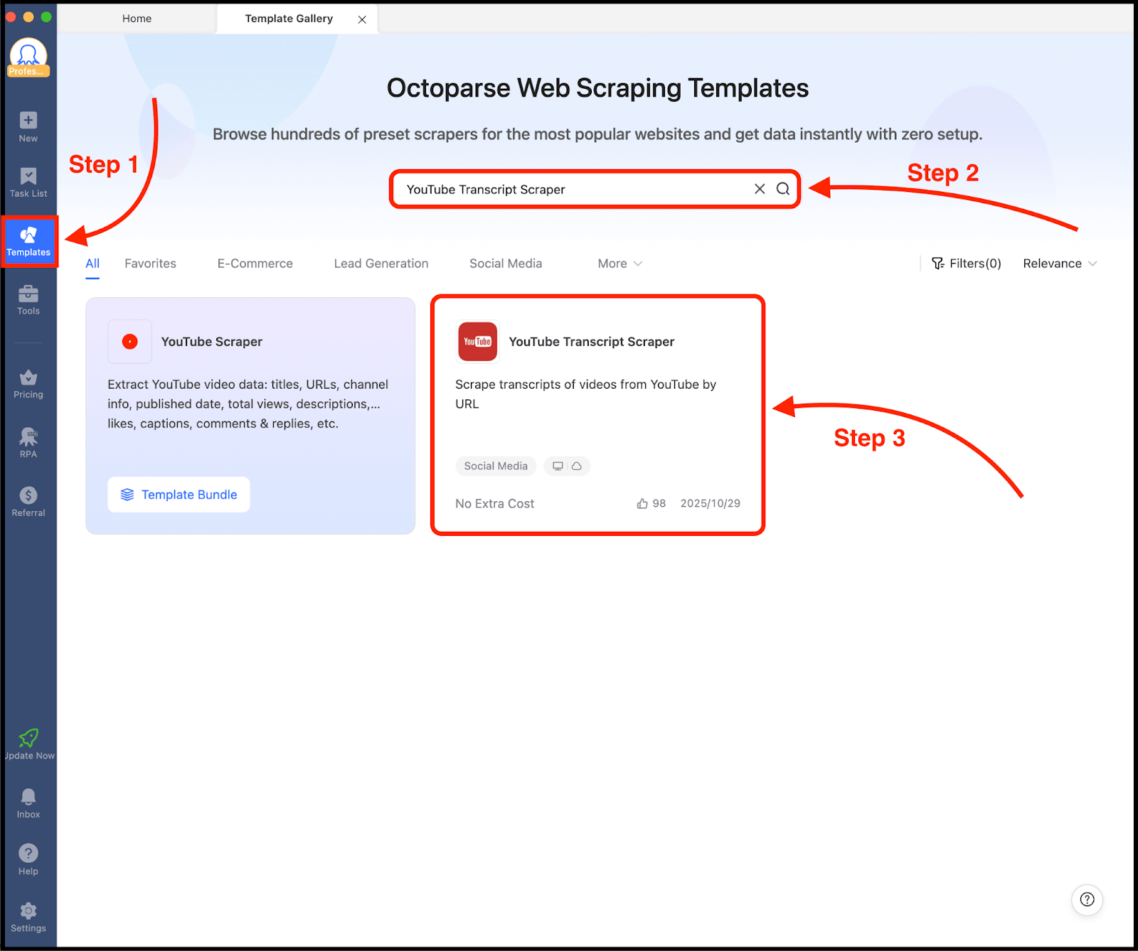 extract youtube transcripts using octoparse