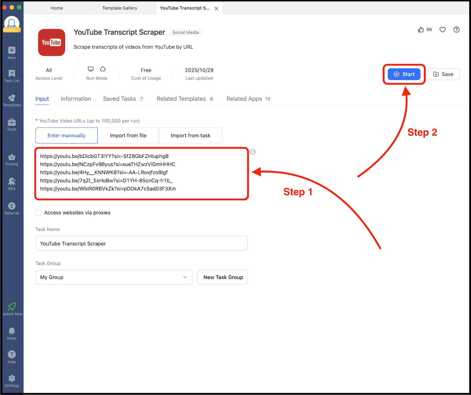 extract youtube transcripts using octoparse