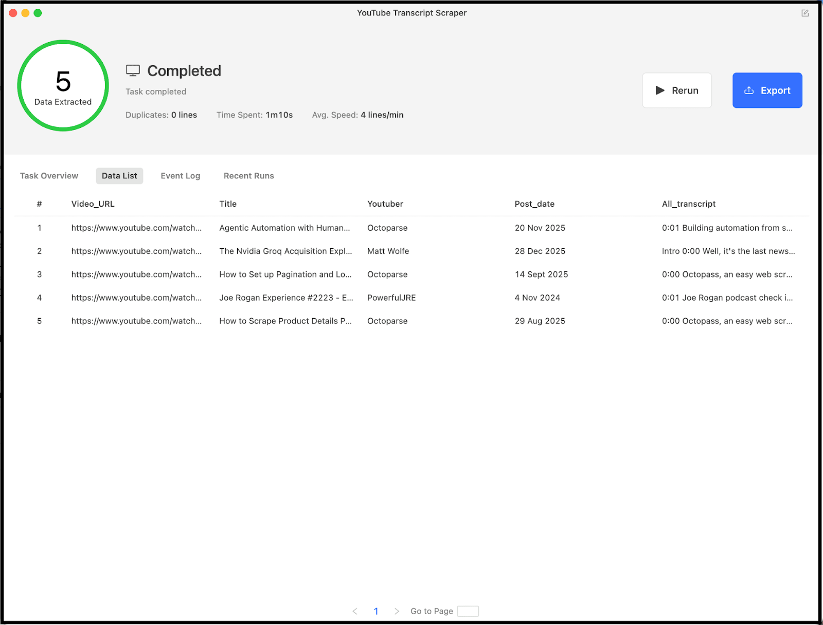 extract youtube transcripts using octoparse