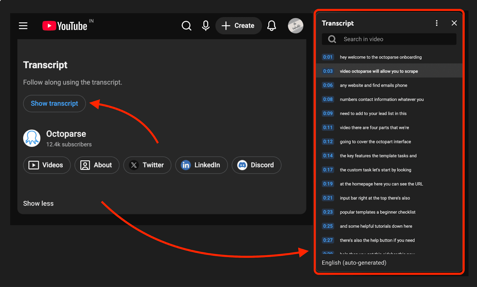 extract youtube transcripts manually