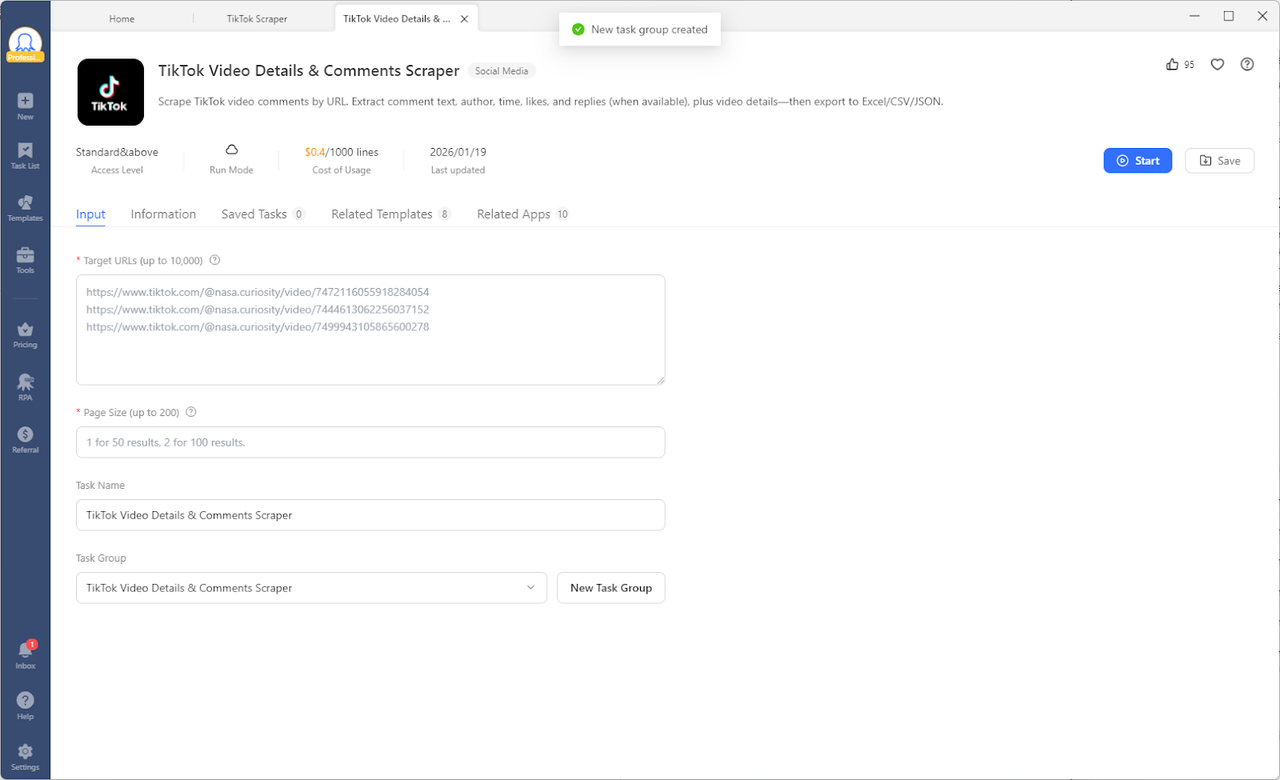 TikTok Video Details & Comments Scraper Template