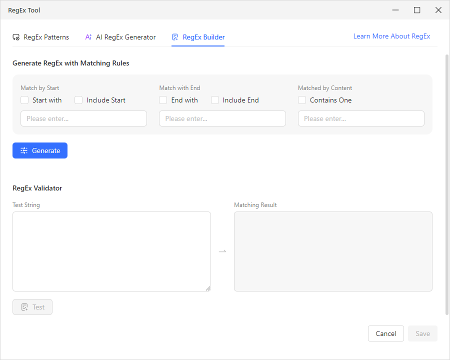 Octoparse's RegEx builder lets you generate regex using matching rules.
