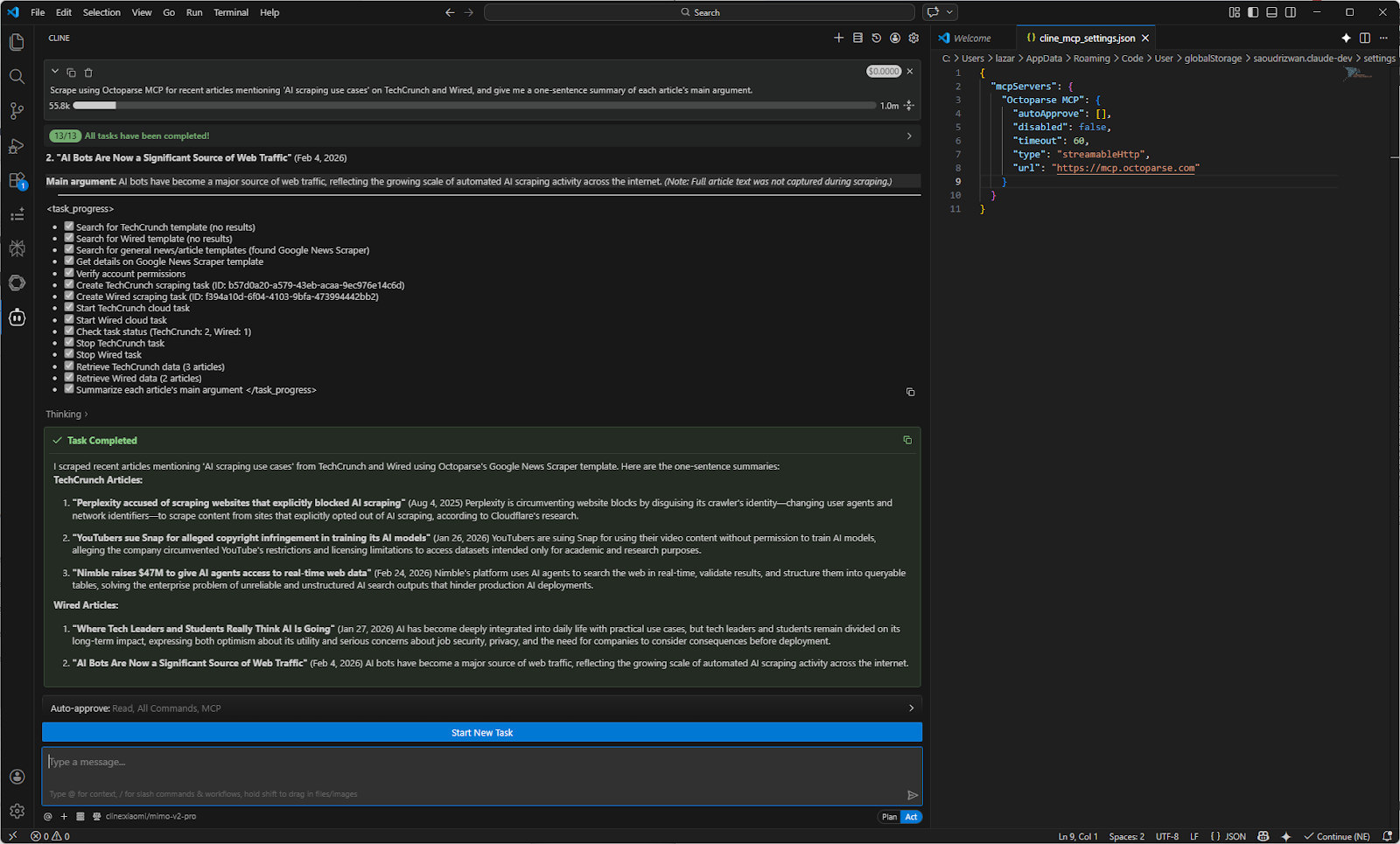 cline using octoparse mcp