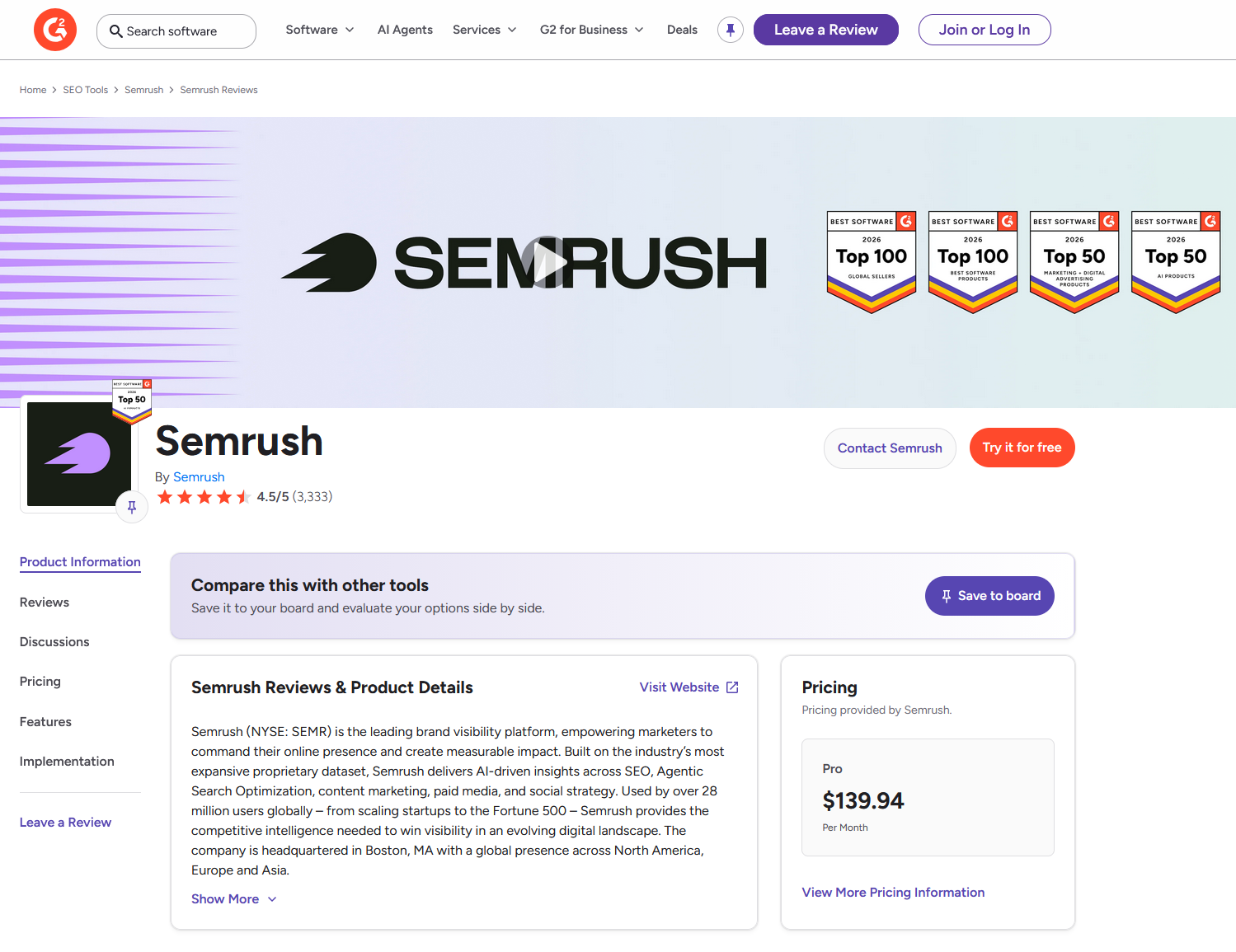 Semrush G2 rating