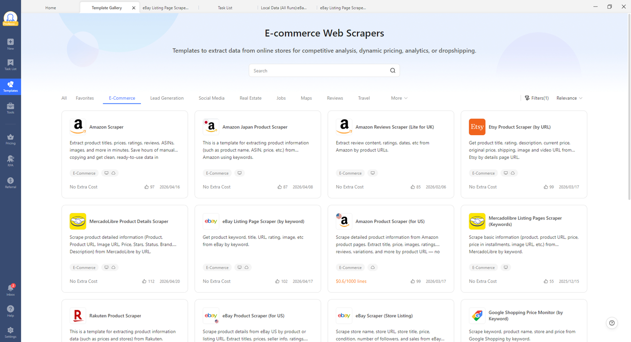 templates section of Octoparse