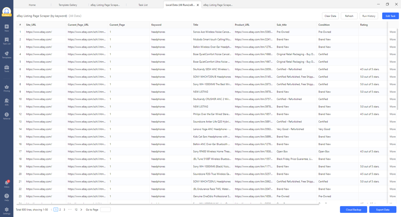 running results of eBay templates