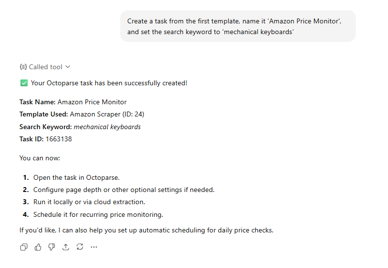 tell ChatGPT to create a task from chosen template