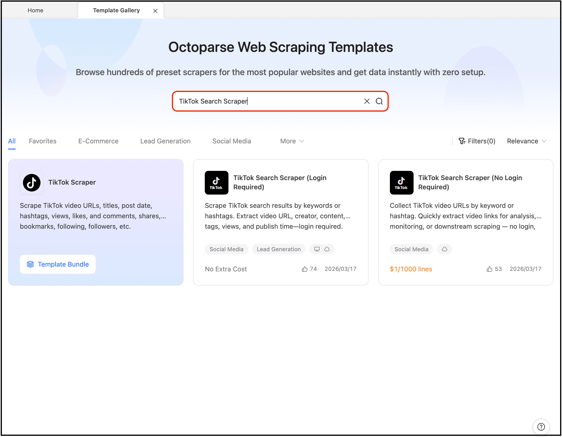 use the tiktok search scraper template
