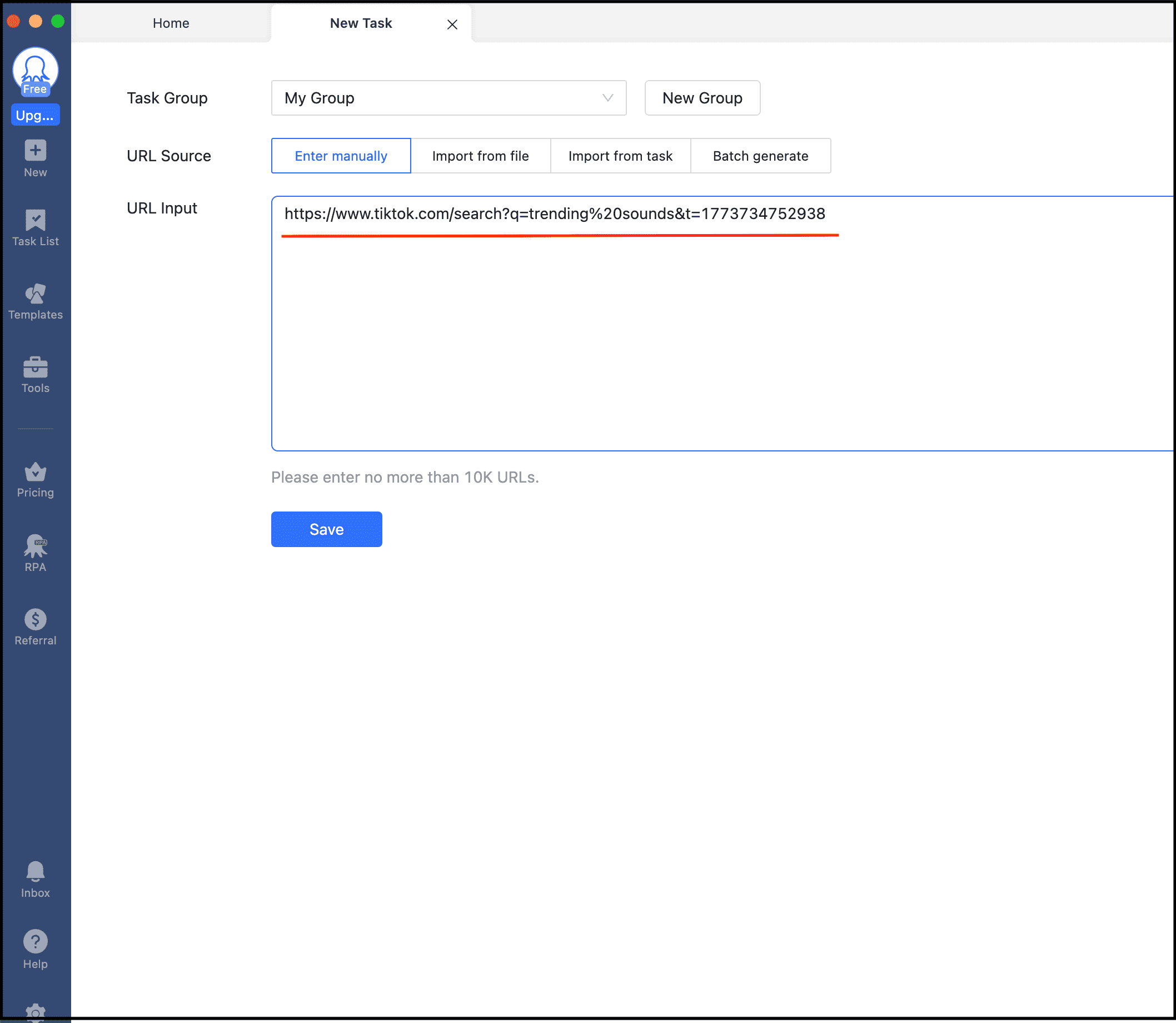 create a manual scraping task