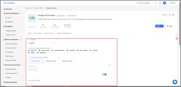 set keywords for google aio scrape