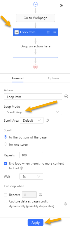infinite scroll setup in octoparse