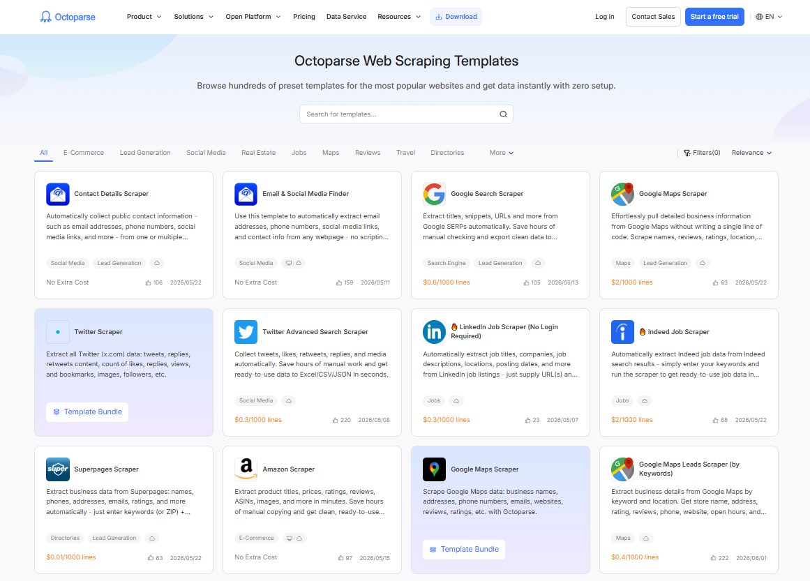 octoparse web scraping templates