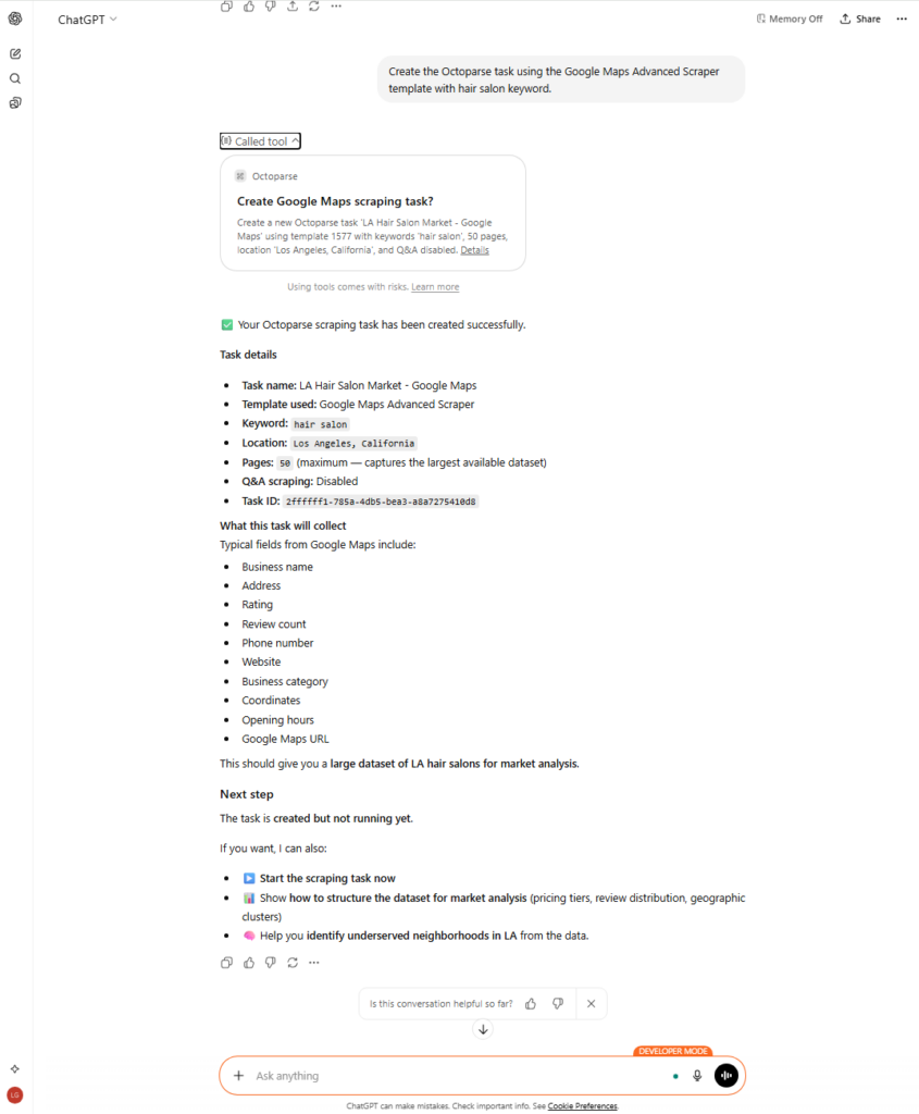 octoparse scraping google maps prompt