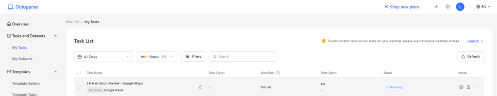 check octoparse dashboard