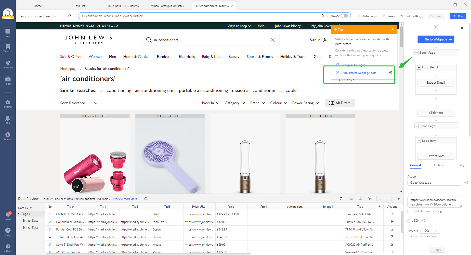 Octoparse auto-detect proposed fields