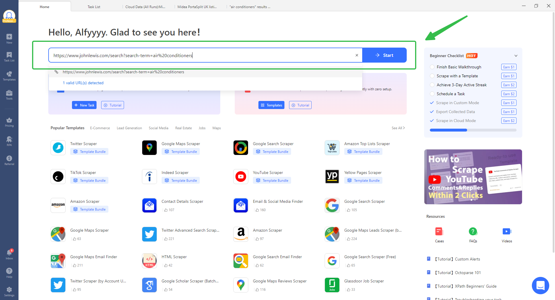 New Octoparse task with John Lewis search URL