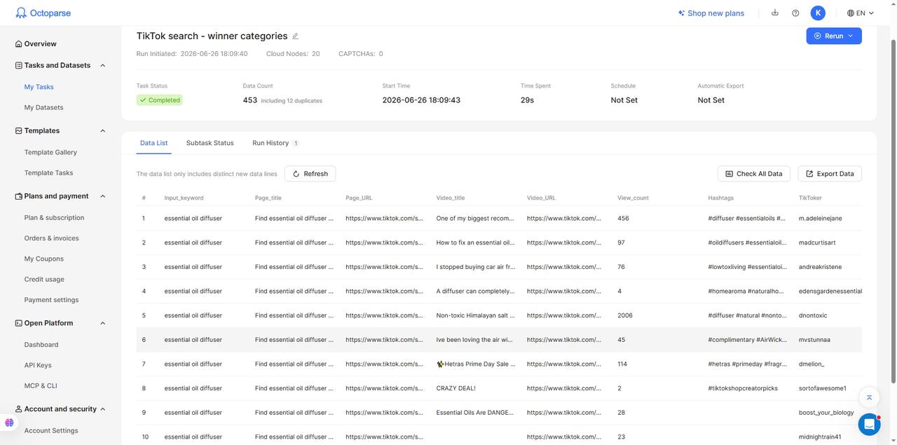 Octoparse task result preview