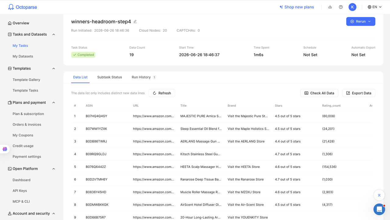 Octoparse task result preview