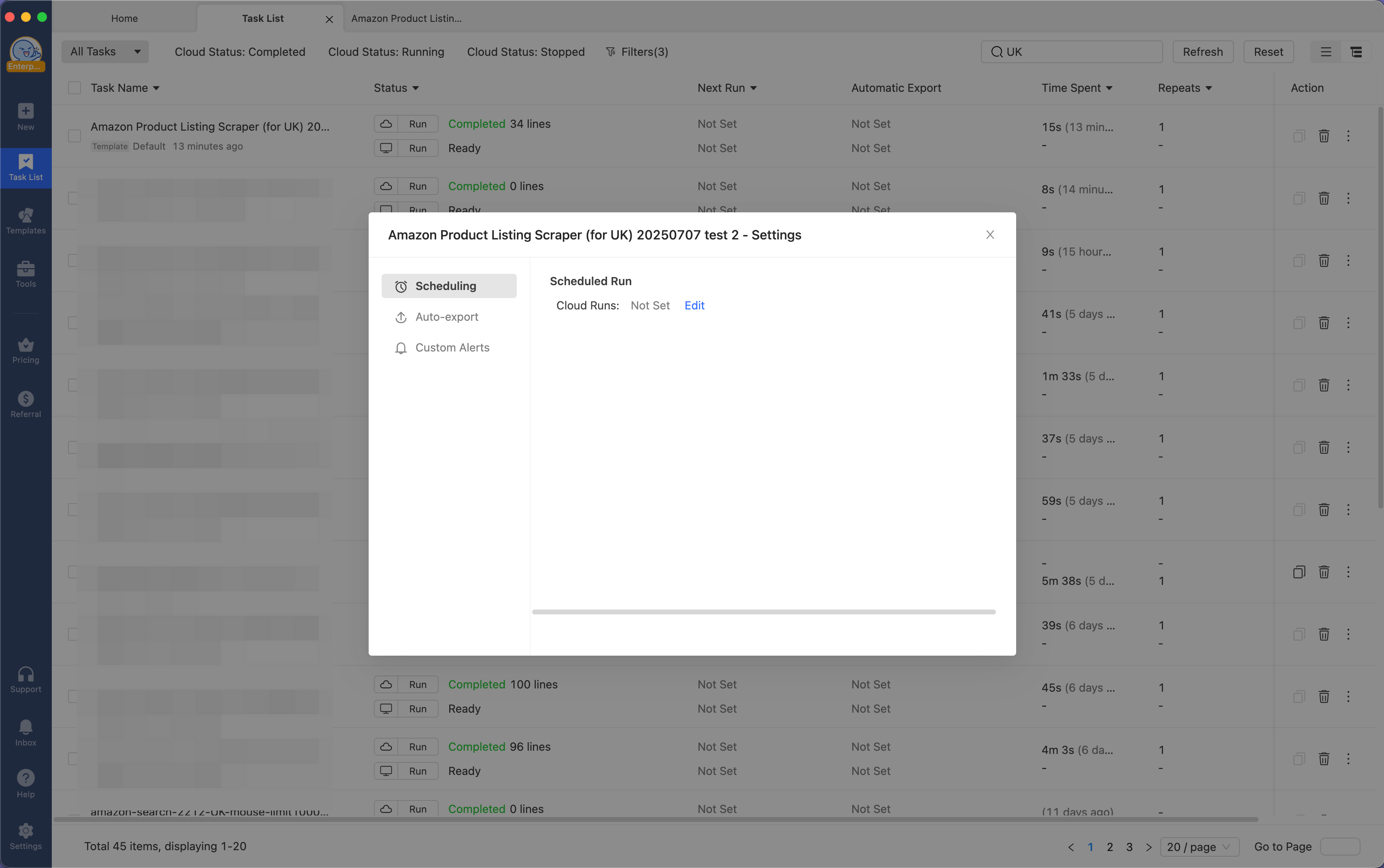 Octoparse task scheduling panel showing Cloud Runs setting
