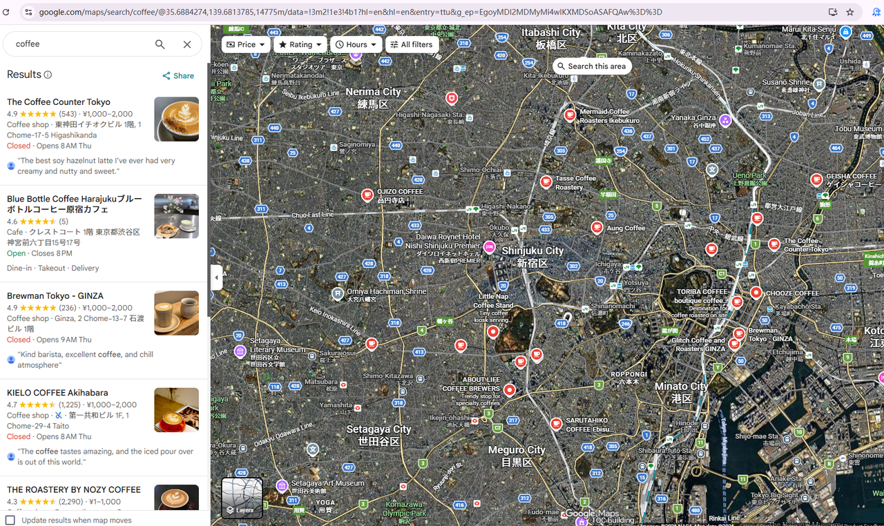 Google Maps search results for coffee shops in Tokyo showing a dense cluster of red pins
