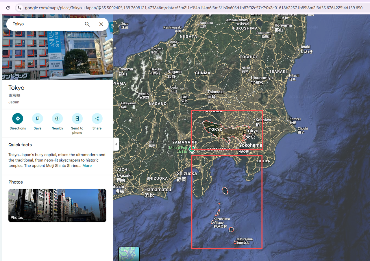 Map of Tokyo with a rectangular bounding box highlighting the coastal, irregular city boundary