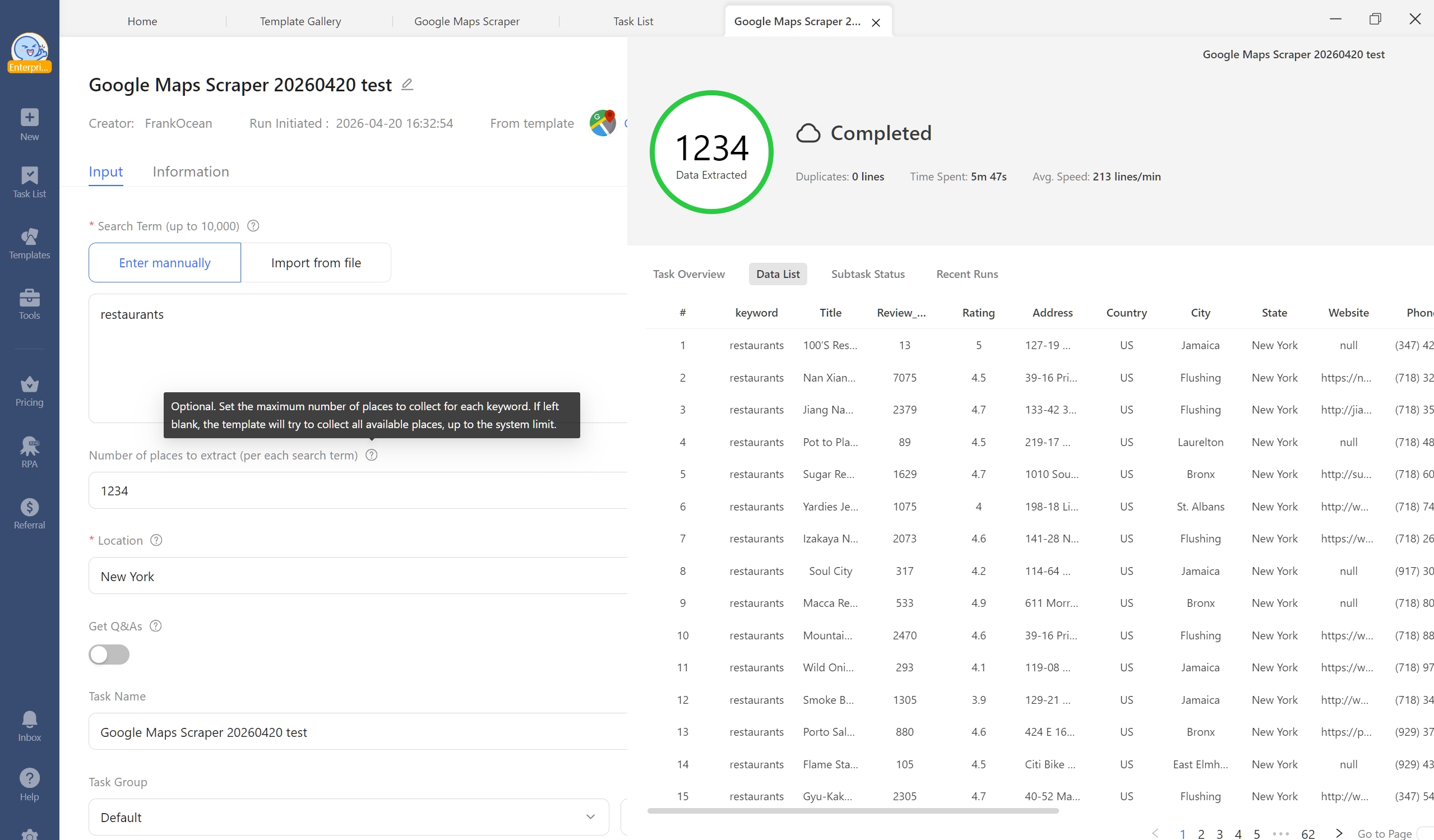 Octoparse task results screen showing 1,234 records extracted in 5 minutes 43 seconds