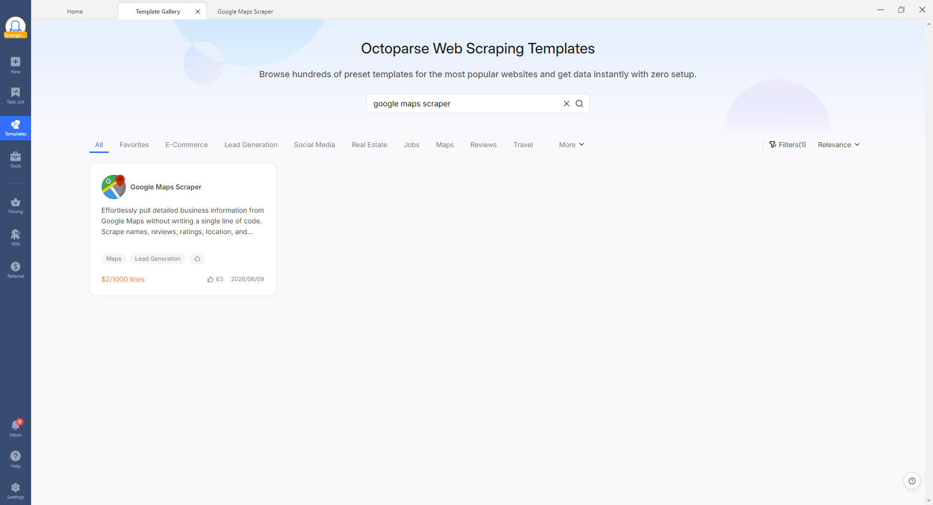 Octoparse template library search results for Google Maps Scraper
