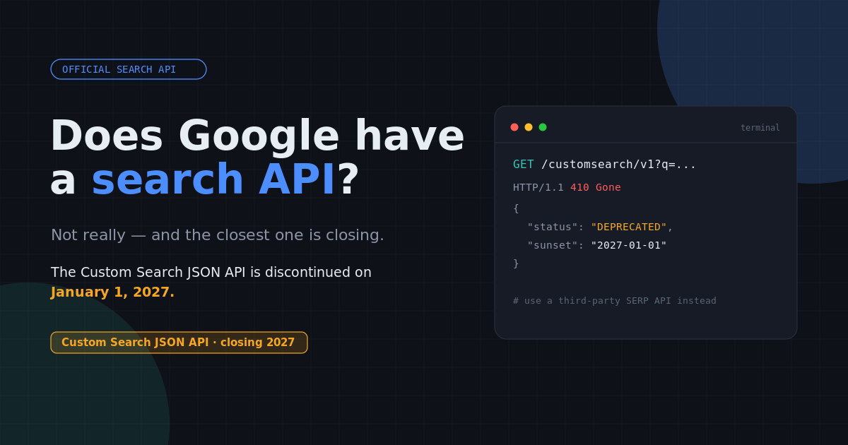 google official search API 2026: Custom Search JSON API closing, alternatives