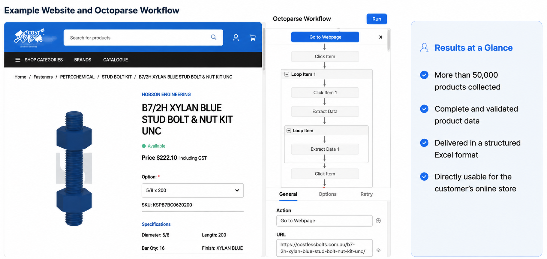Octoparse custom task configured with XPath expressions for product fields