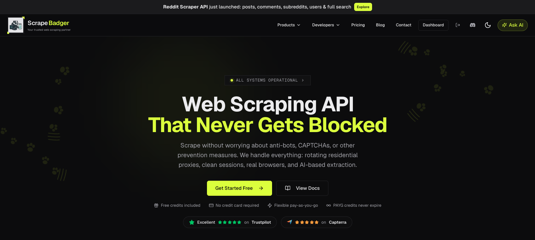 ScrapeBadger web scraping API homepage