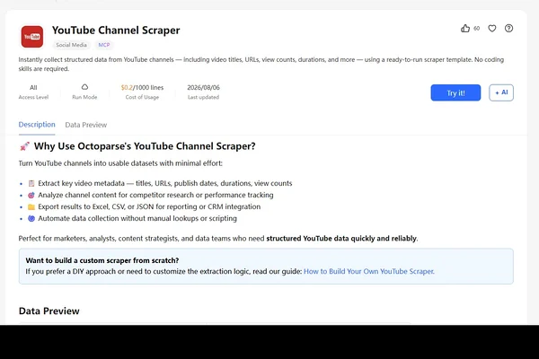 YouTube Channel Scraper template page in Octoparse