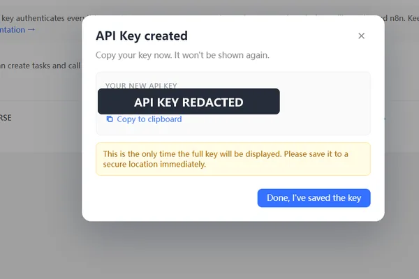 Real Octoparse API key creation screen with the complete key redacted
