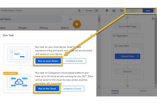 Octoparse dialog for running a Twitter task locally or in the cloud