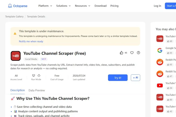 Live YouTube Channel Scraper Free template page showing its maintenance notice and URL-based dataset scope
