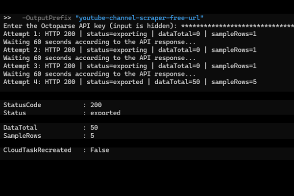 Real PowerShell terminal showing the Octoparse YouTube scraper API progressing from exporting to exported with 50 records and five preview rows