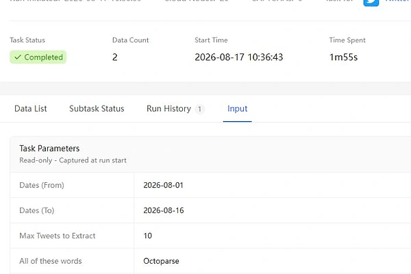 Octoparse Twitter scraper input parameters from the August 2026 test