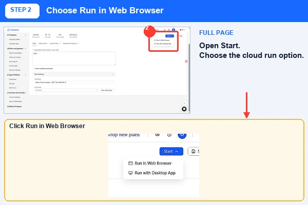 Octoparse Start menu highlighting Run in Web Browser for the MSFT task