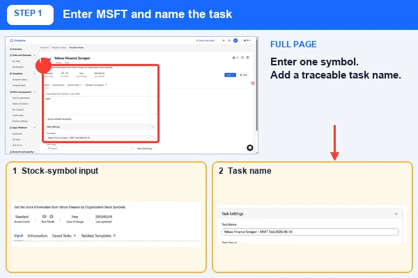MSFT entered in the Octoparse Yahoo Finance Scraper template with highlighted input fields