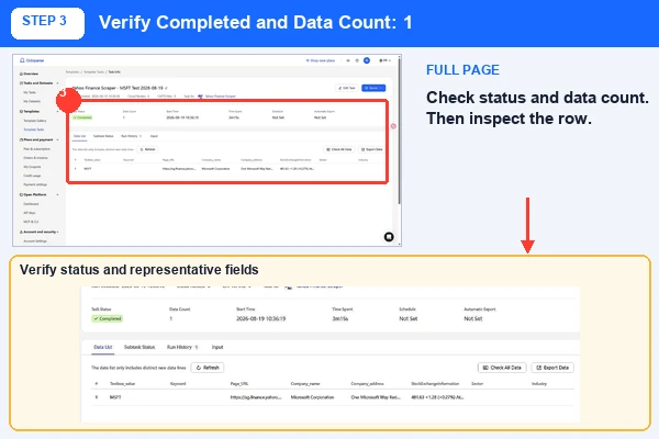 Completed MSFT Yahoo Finance Scraper task with status and returned row highlighted