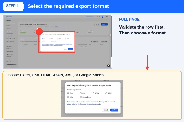 Octoparse export wizard with the available MSFT task formats highlighted