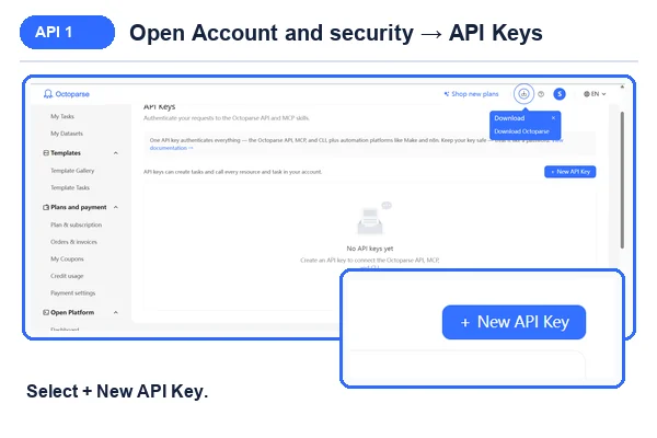 Octoparse API Keys page with the New API Key button highlighted