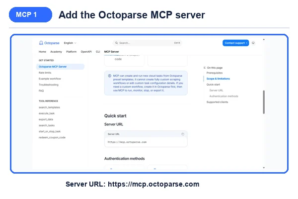 Official Octoparse MCP documentation showing the MCP server URL and authentication methods