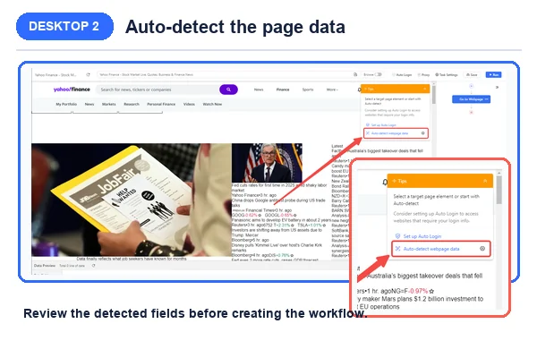 Original Octoparse Desktop screenshot highlighting Auto-detect webpage data on Yahoo Finance