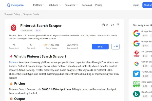 Pinterest Search Scraper template overview showing cloud mode, MCP availability, and price