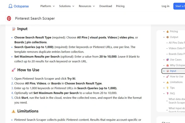 Pinterest Search Scraper input fields and cloud workflow instructions