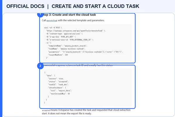 Official AgentTools executeTask request and accepted response