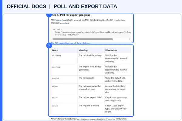 Official AgentTools export polling states and actions